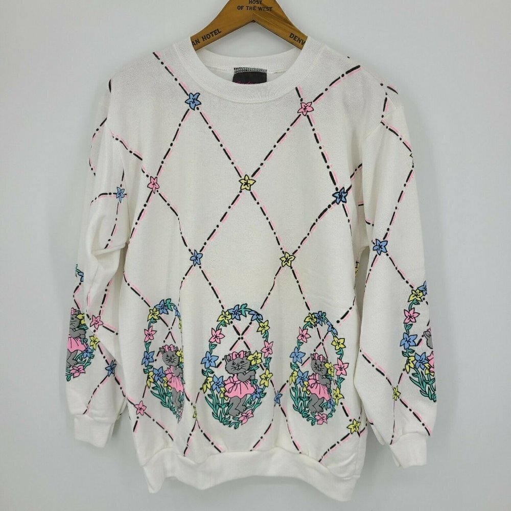 VTG 80s Andover Kitten Sweatshirt Womens Medium White Floral Grey Kittens USA
